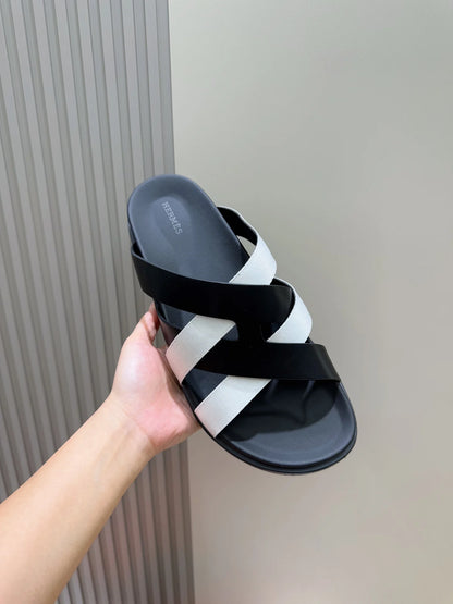 HERMES || Black and White Cross-Strap Sandals- FASHION MYST