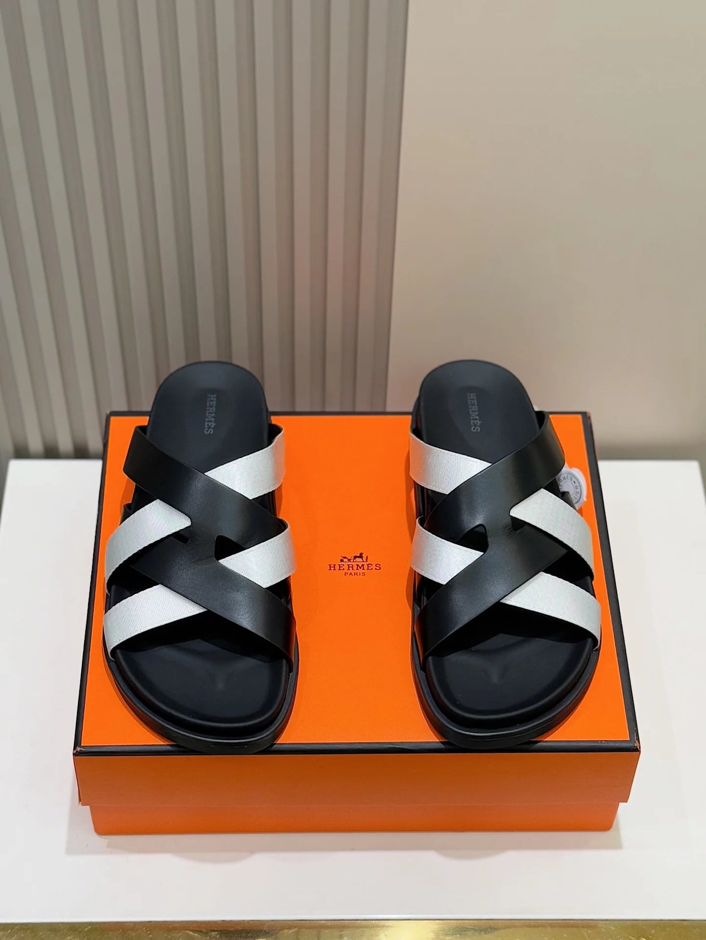 HERMES || Black and White Cross-Strap Sandals- FASHION MYST