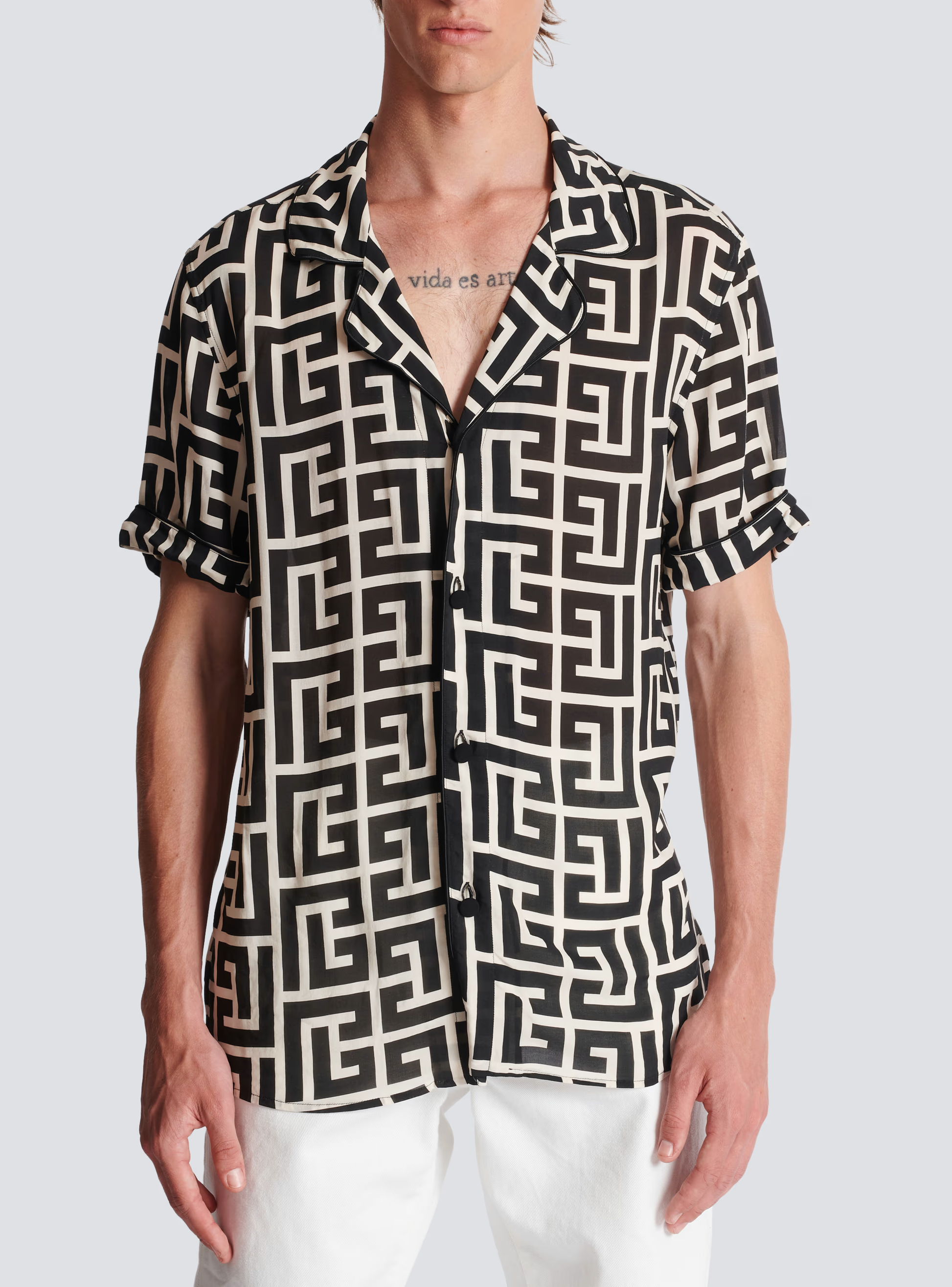 BALMAIN || Black Pyramid Monogram Printed Shirt - FASHION MYST 