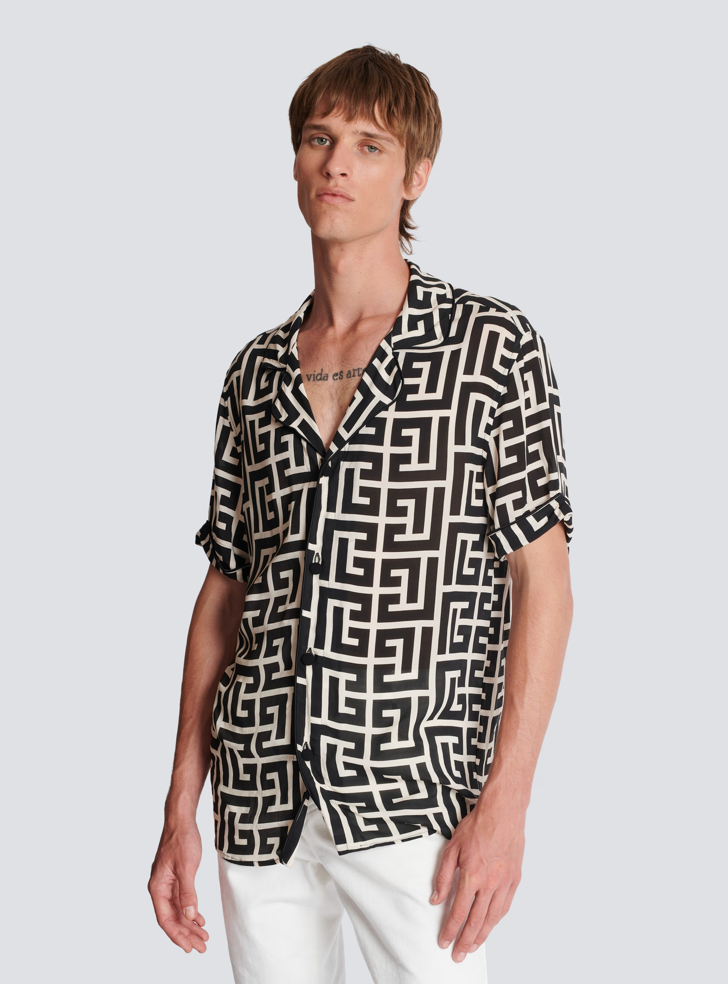 BALMAIN || Black Pyramid Monogram Printed Shirt - FASHION MYST 