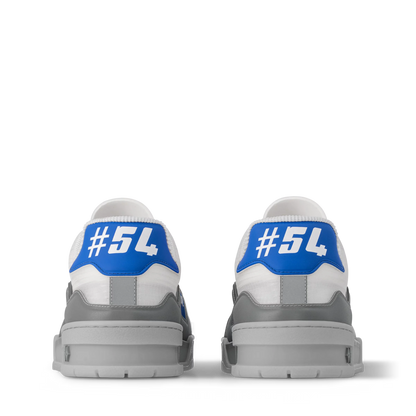 LOUIS VUITTON || Trainer Sneaker in White and Graphite Mesh with Blue Accents - FASHION MYST