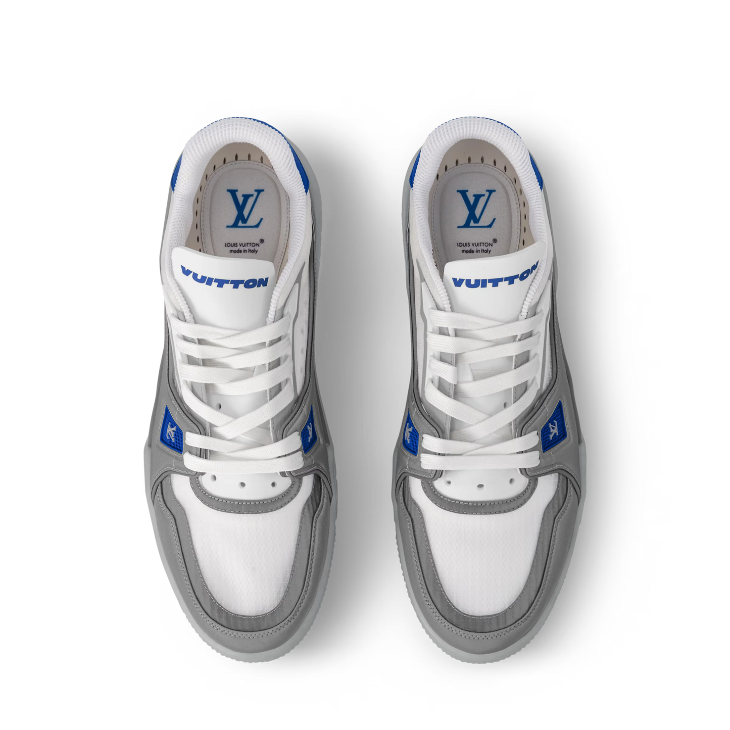 LOUIS VUITTON || Trainer Sneaker in White and Graphite Mesh with Blue Accents - FASHION MYST