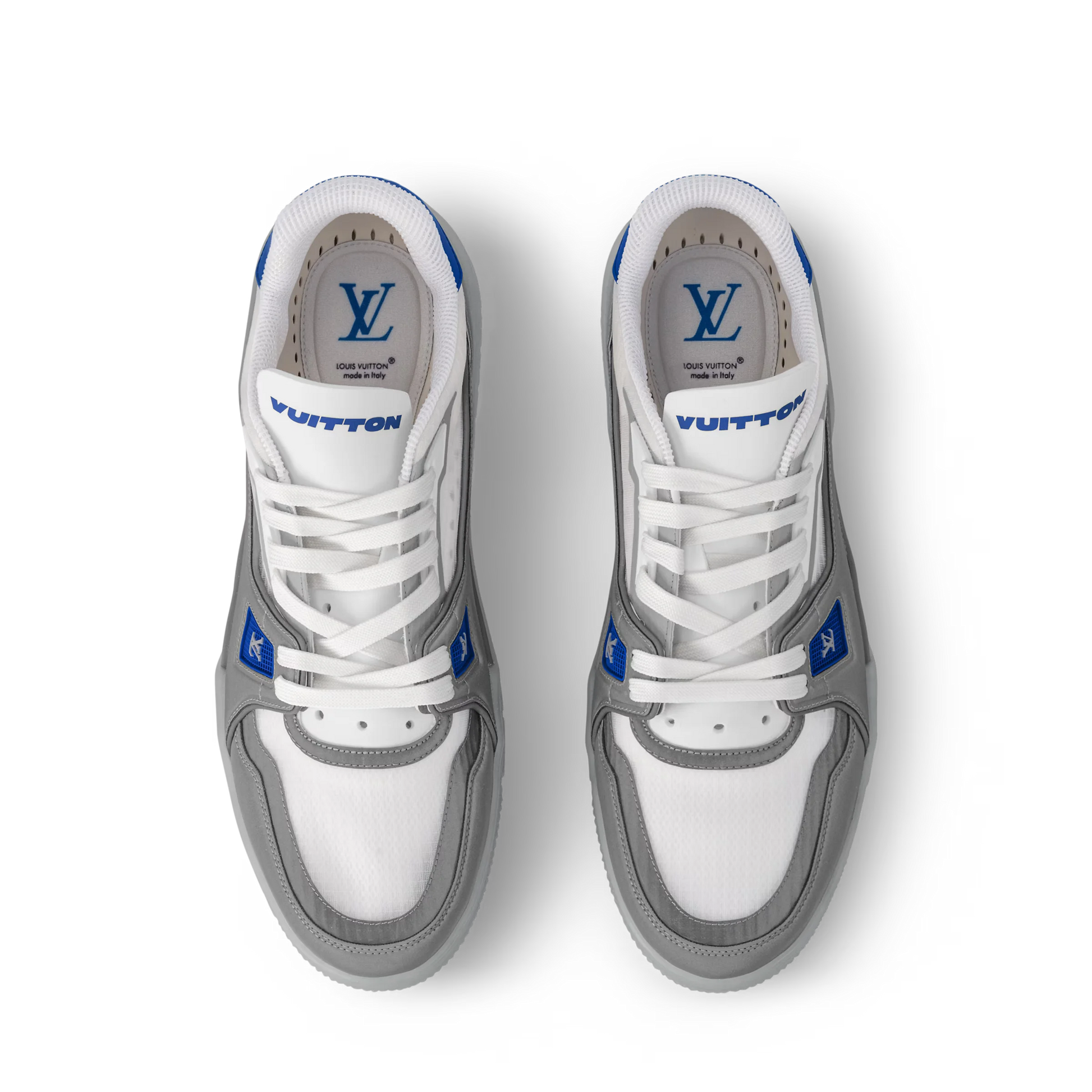 LOUIS VUITTON || Trainer Sneaker in White and Graphite Mesh with Blue Accents - FASHION MYST