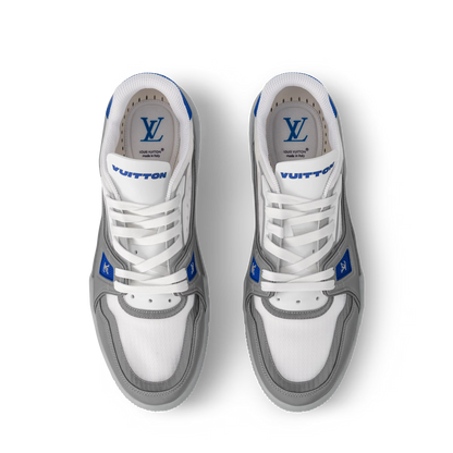 LOUIS VUITTON || Trainer Sneaker in White and Graphite Mesh with Blue Accents - FASHION MYST