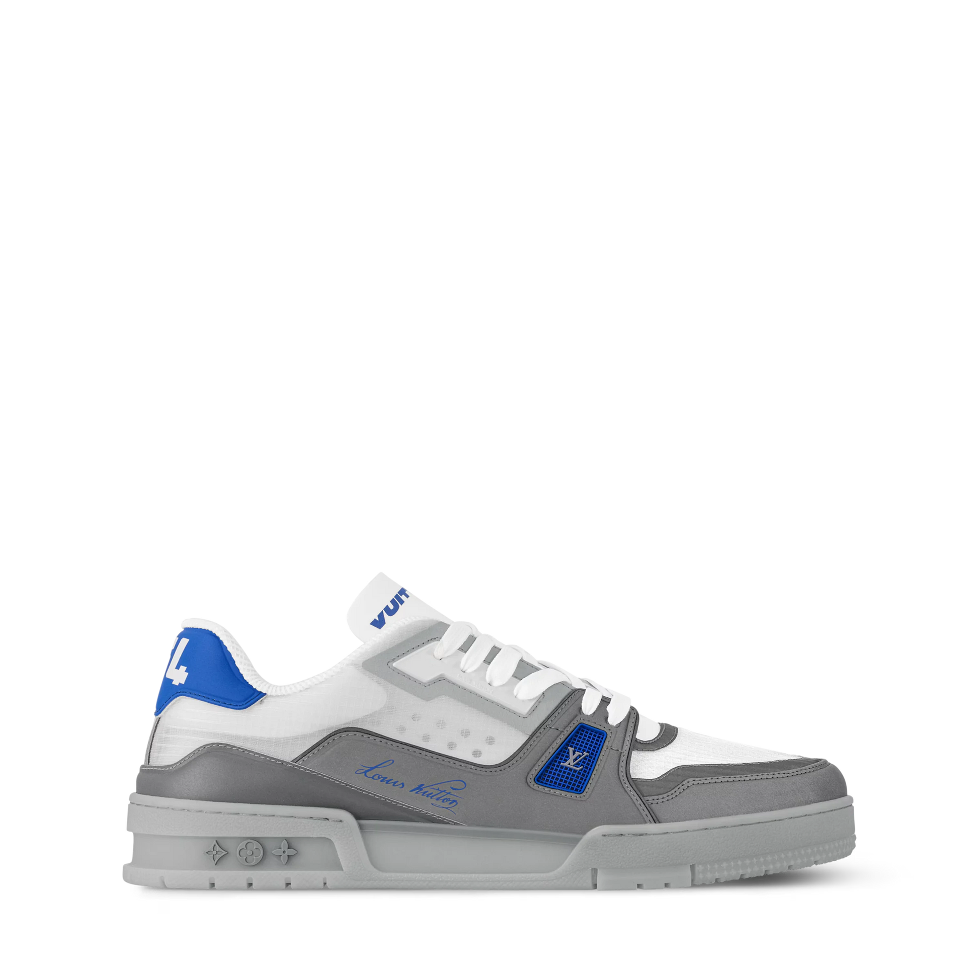 LOUIS VUITTON || Trainer Sneaker in White and Graphite Mesh with Blue Accents - FASHION MYST