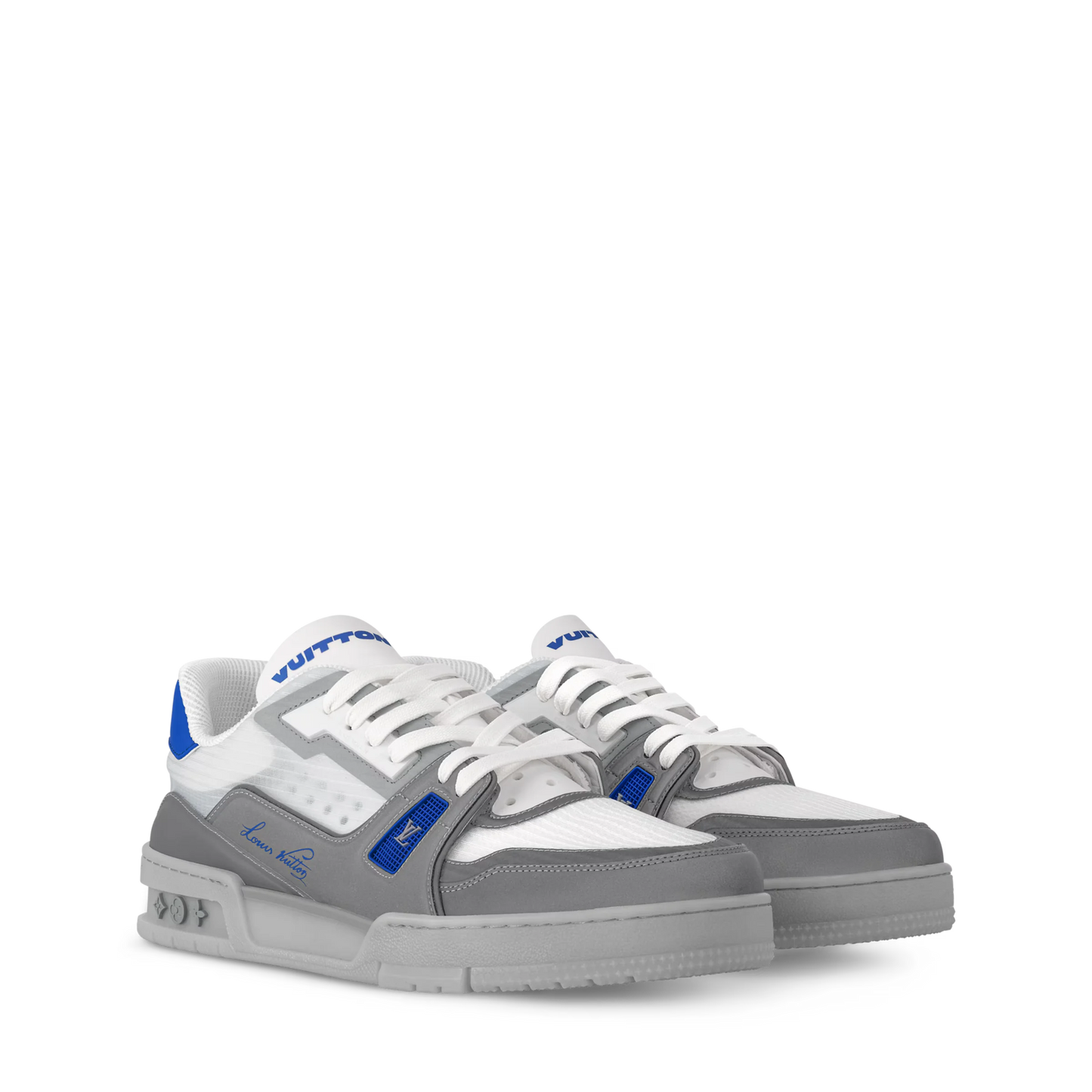 LOUIS VUITTON || Trainer Sneaker in White and Graphite Mesh with Blue Accents - FASHION MYST