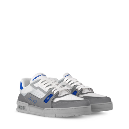 LOUIS VUITTON || Trainer Sneaker in White and Graphite Mesh with Blue Accents - FASHION MYST