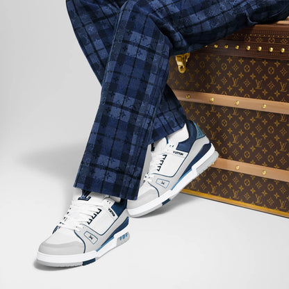 LOUIS VUITTON || LV Trainer Sneaker – White and Marine Blue Calf Leather