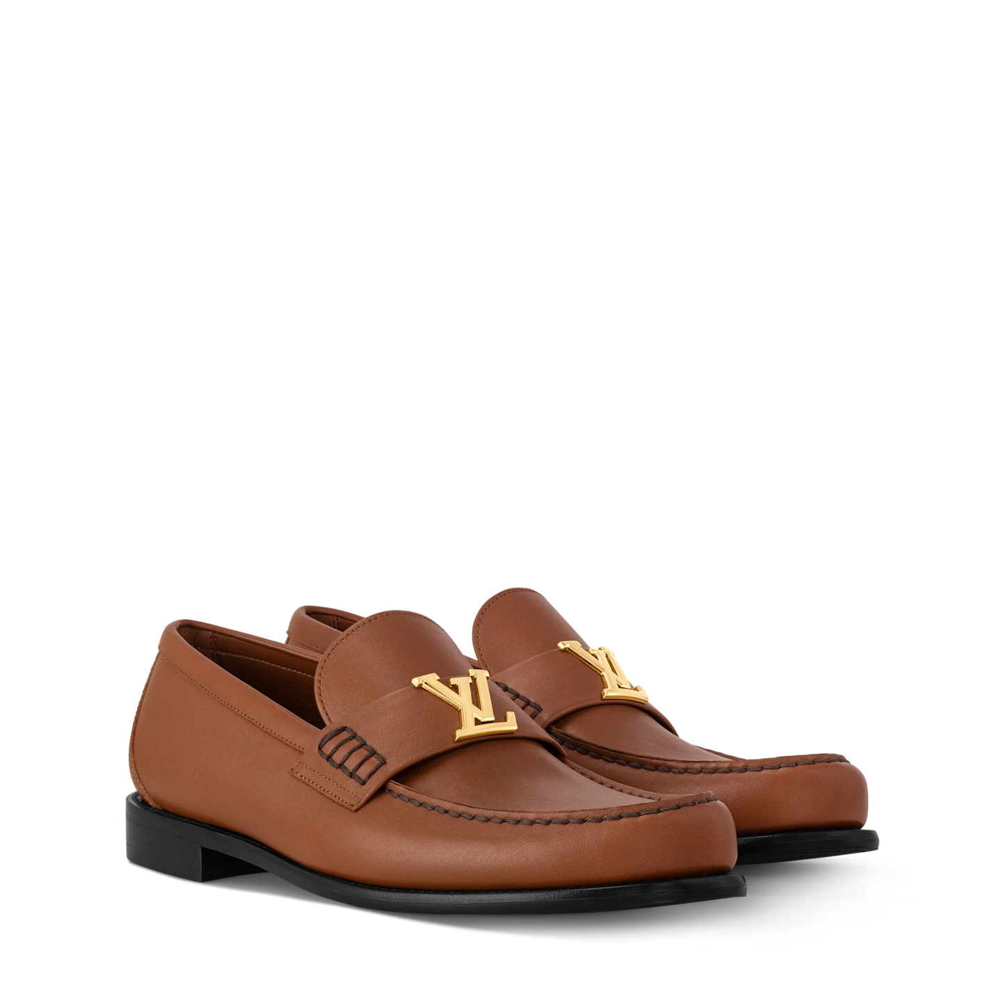 LOUIS VUITTON || Major Loafers in Cognac Calf Leather with Gold LV Initial Ornament