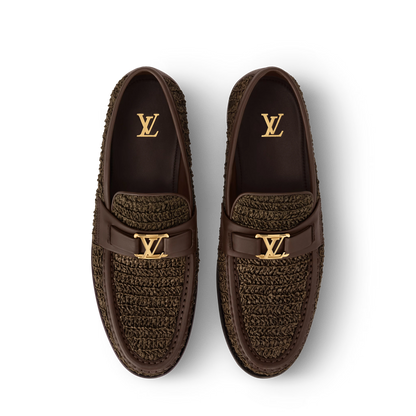 LOUIS VUITTON || Damier Graphite Knit Loafer with Gold LV Initial Ornament