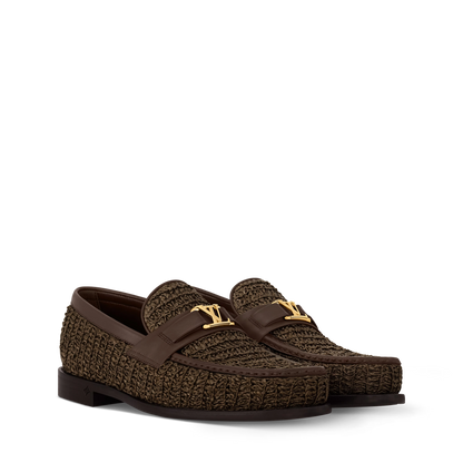 LOUIS VUITTON || Damier Graphite Knit Loafer with Gold LV Initial Ornament