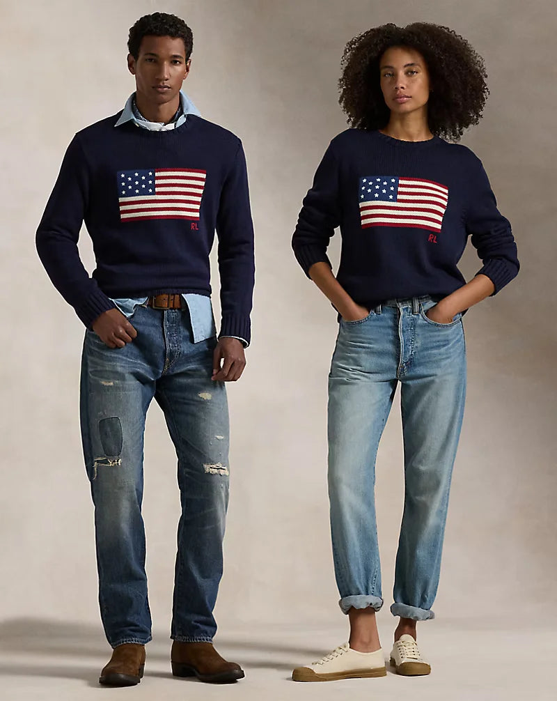 POLO RALPH LAUREN || Womens/Mens Blue Multi American-Flag Cotton Knitted Jumper