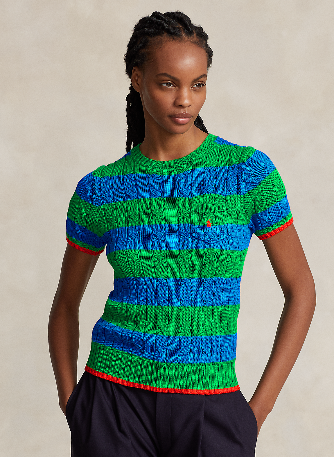 POLO RALPH LAUREN || Striped Cable Cotton Short Sleeve / Green - FASHION MYST 