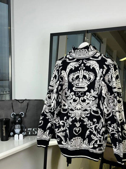 DOLCE & GABBANA || Baroque-Print Zip Neck Pullover For Men