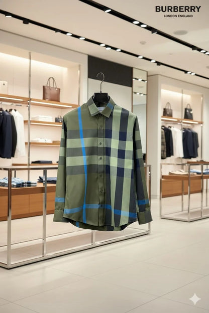 BURBERRY || Men's Oversized Check Cotton Poplin Shirt in Ivy Green