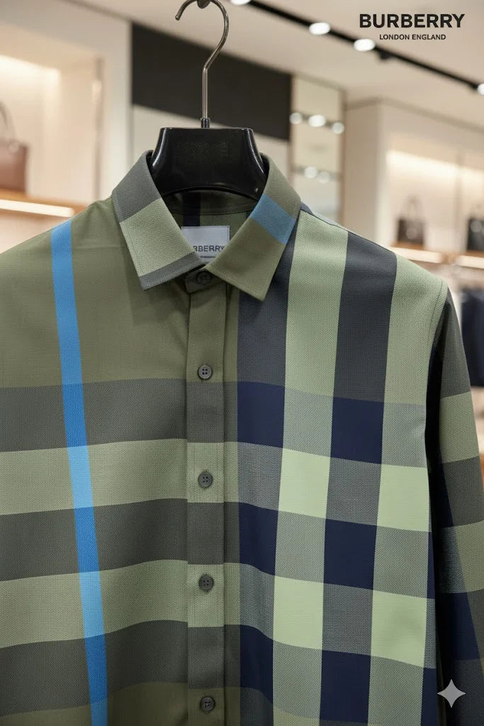 BURBERRY || Men's Oversized Check Cotton Poplin Shirt in Ivy Green
