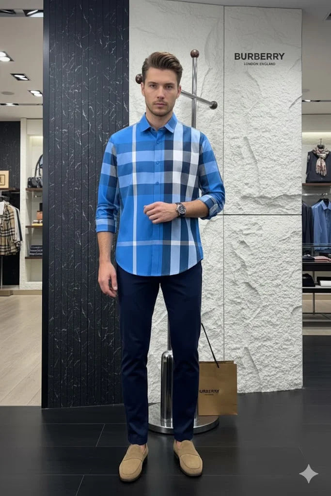 BURBERRY || Men’s Slim-Fit Oversized Check Cotton Shirt in Azure Blue