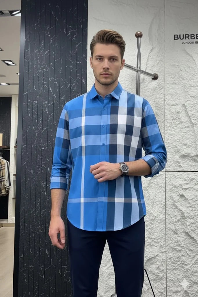 BURBERRY || Men’s Slim-Fit Oversized Check Cotton Shirt in Azure Blue