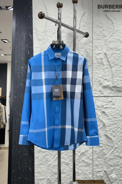 BURBERRY || Men’s Slim-Fit Oversized Check Cotton Shirt in Azure Blue