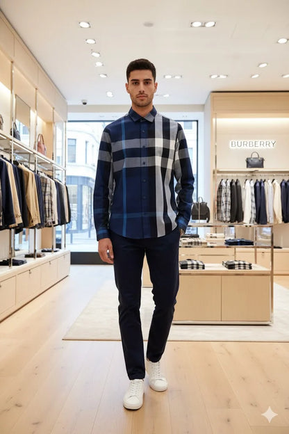 BURBERRY || Blue & Navy Oversized Check Cotton Poplin Shirt