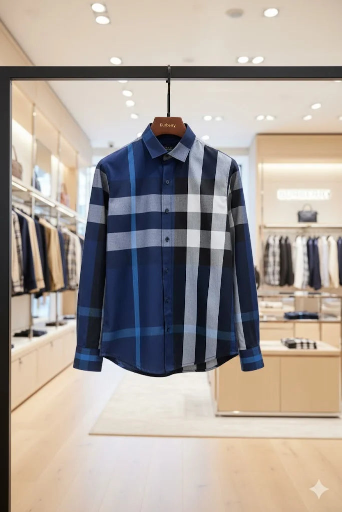 BURBERRY || Blue & Navy Oversized Check Cotton Poplin Shirt