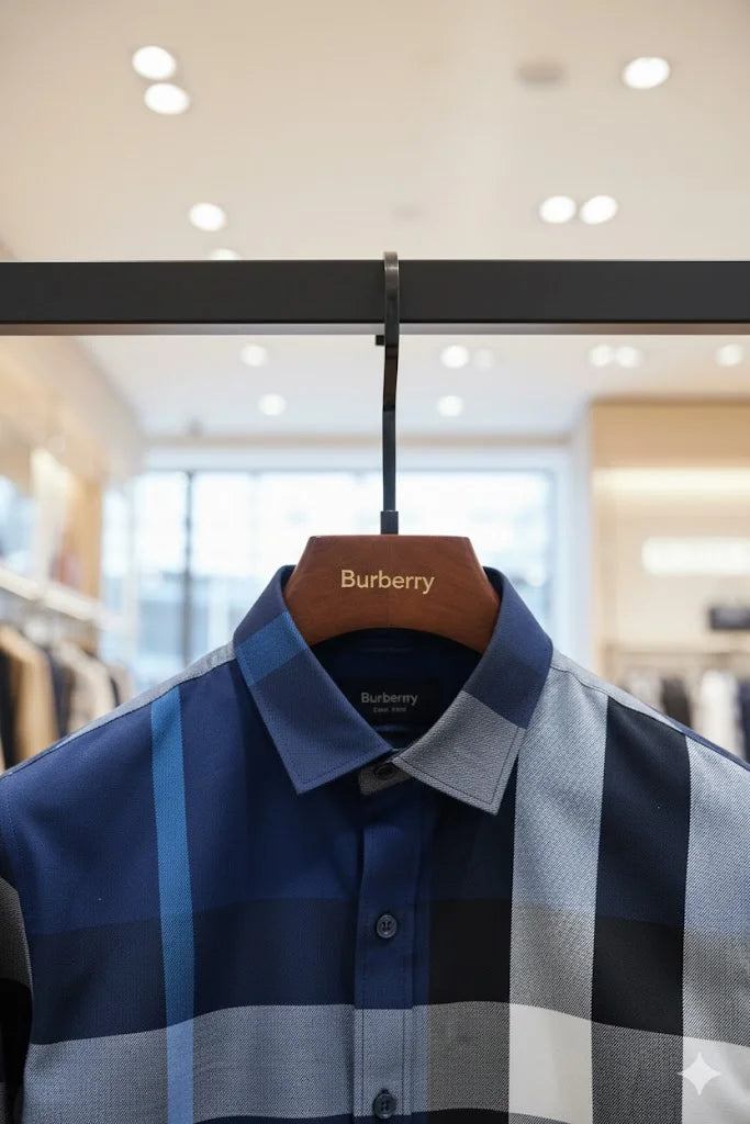 BURBERRY || Blue & Navy Oversized Check Cotton Poplin Shirt