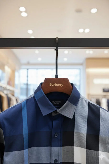 BURBERRY || Blue & Navy Oversized Check Cotton Poplin Shirt
