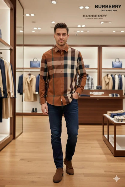 BURBERRY || Men’s Oversized Check Cotton Poplin Shirt – Deep Birch Brown