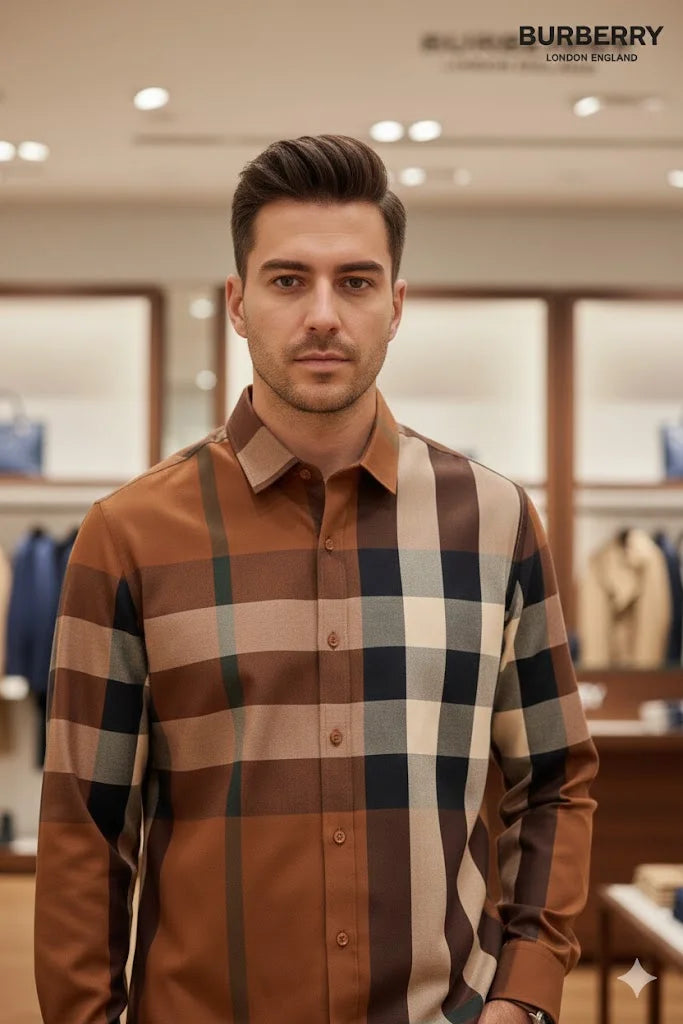 BURBERRY || Men’s Oversized Check Cotton Poplin Shirt – Deep Birch Brown