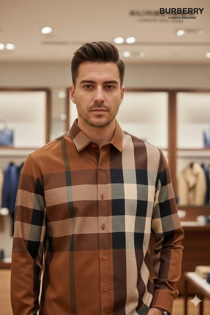 BURBERRY || Men’s Oversized Check Cotton Poplin Shirt – Deep Birch Brown