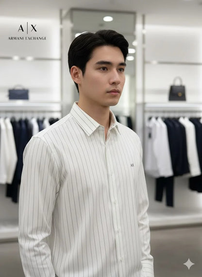 ARM*NI EXCH*NGE || Men’s Slim-Fit Pinstripe Button-Down Shirt in Black/White