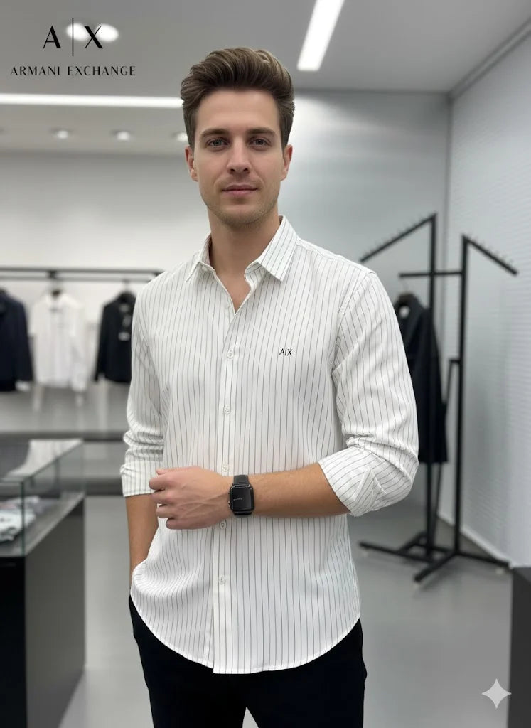 ARM*NI EXCH*NGE || Men’s Slim-Fit Pinstripe Button-Down Shirt in Black/White