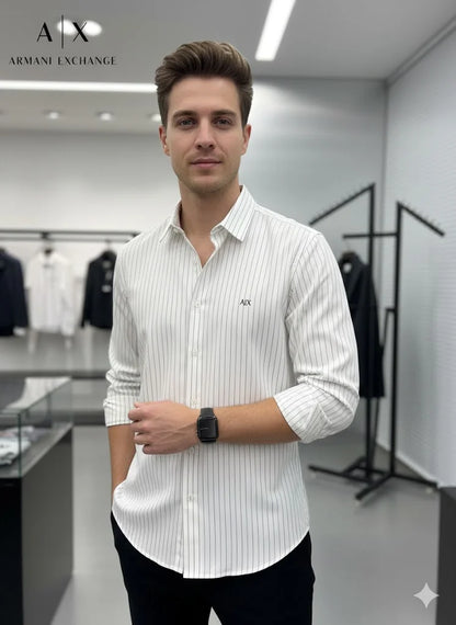 ARM*NI EXCH*NGE || Men’s Slim-Fit Pinstripe Button-Down Shirt in Black/White