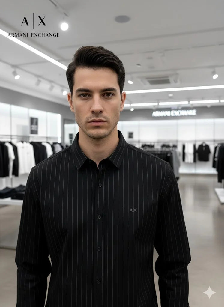 ARM*NI EXCH*NGE || Men’s Slim-Fit Pinstripe Button-Down Shirt in Black/White