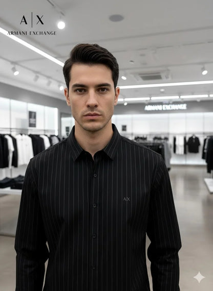 ARM*NI EXCH*NGE || Men’s Slim-Fit Pinstripe Button-Down Shirt in Black/White