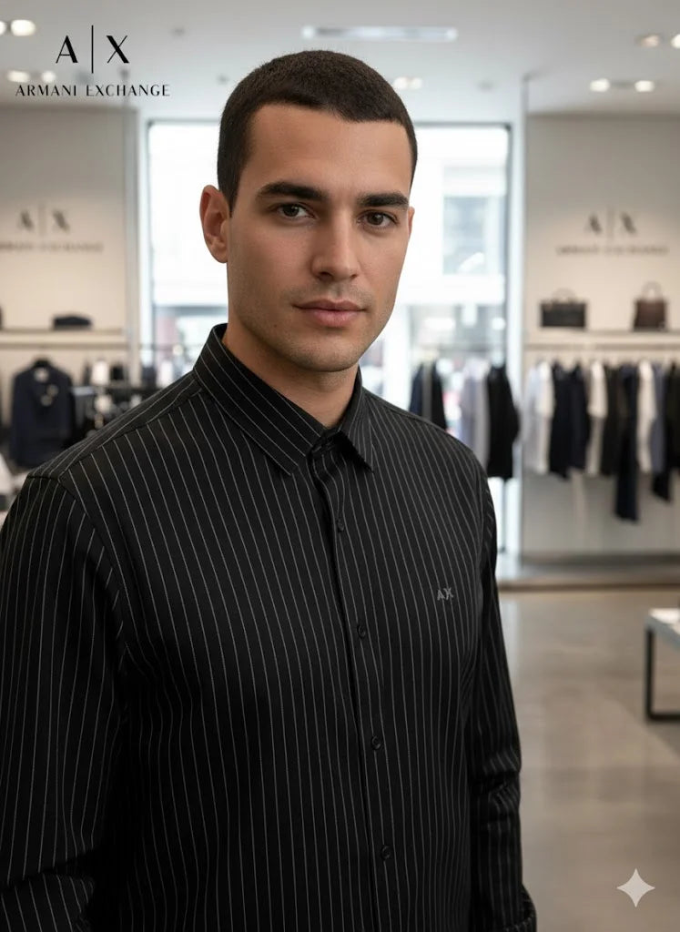 ARM*NI EXCH*NGE || Men’s Slim-Fit Pinstripe Button-Down Shirt in Black/White