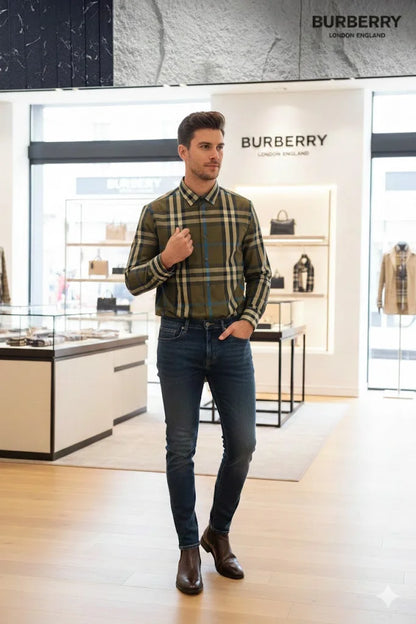 BURBERRY LONDON ||  Men’s Button-Down Shirt – Plaid Check – Slim Fit