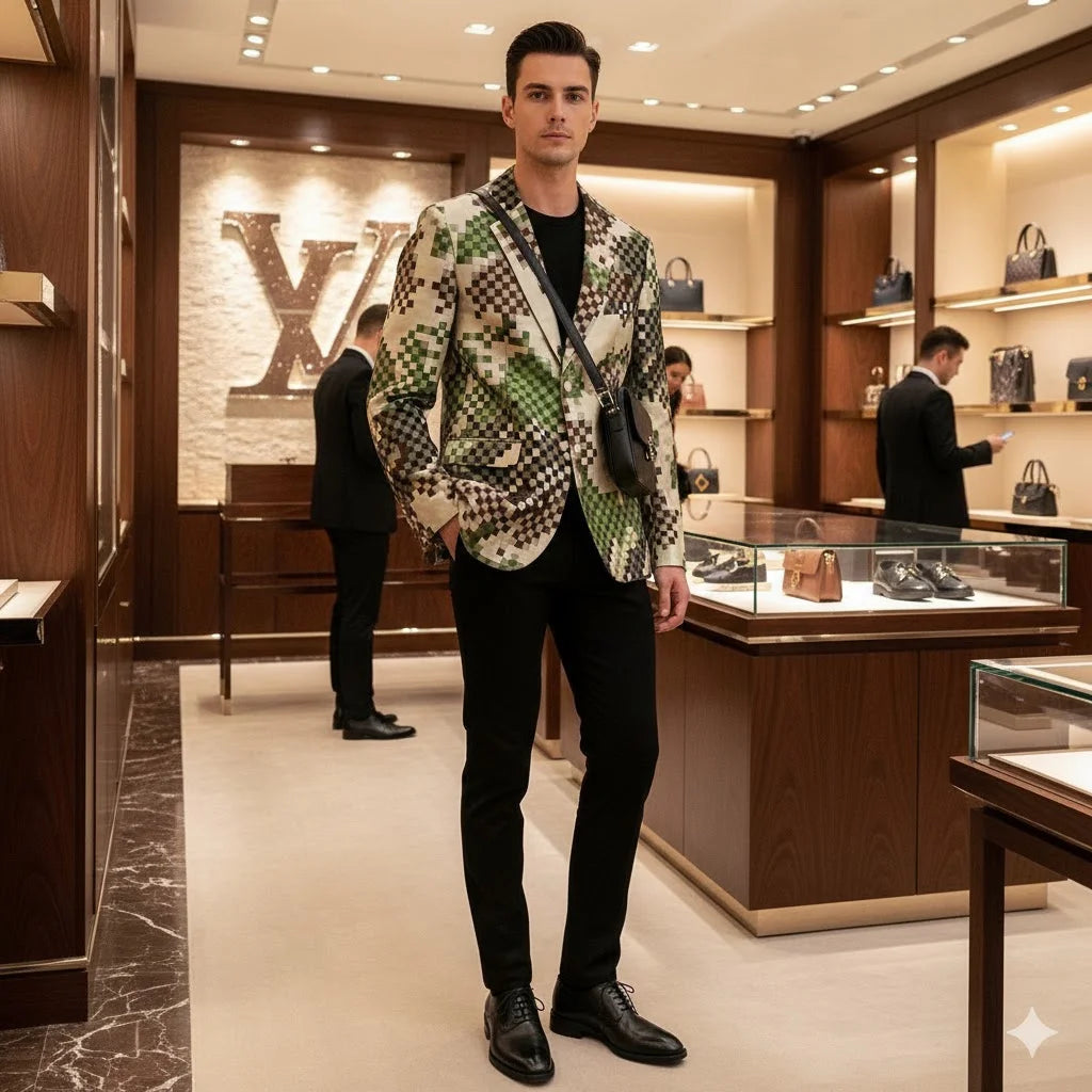 LOUIS VUITTON || Men’s Green and Earth-Tone Pixelated Damier Pattern Blazer
