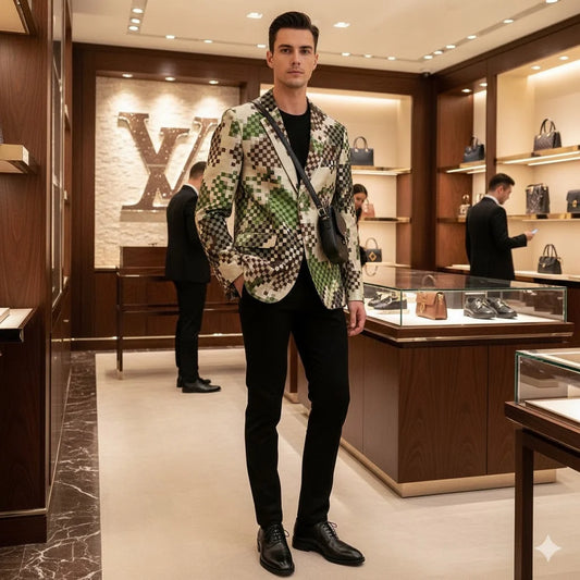 LOUIS VUITTON || Men’s Green and Earth-Tone Pixelated Damier Pattern Blazer