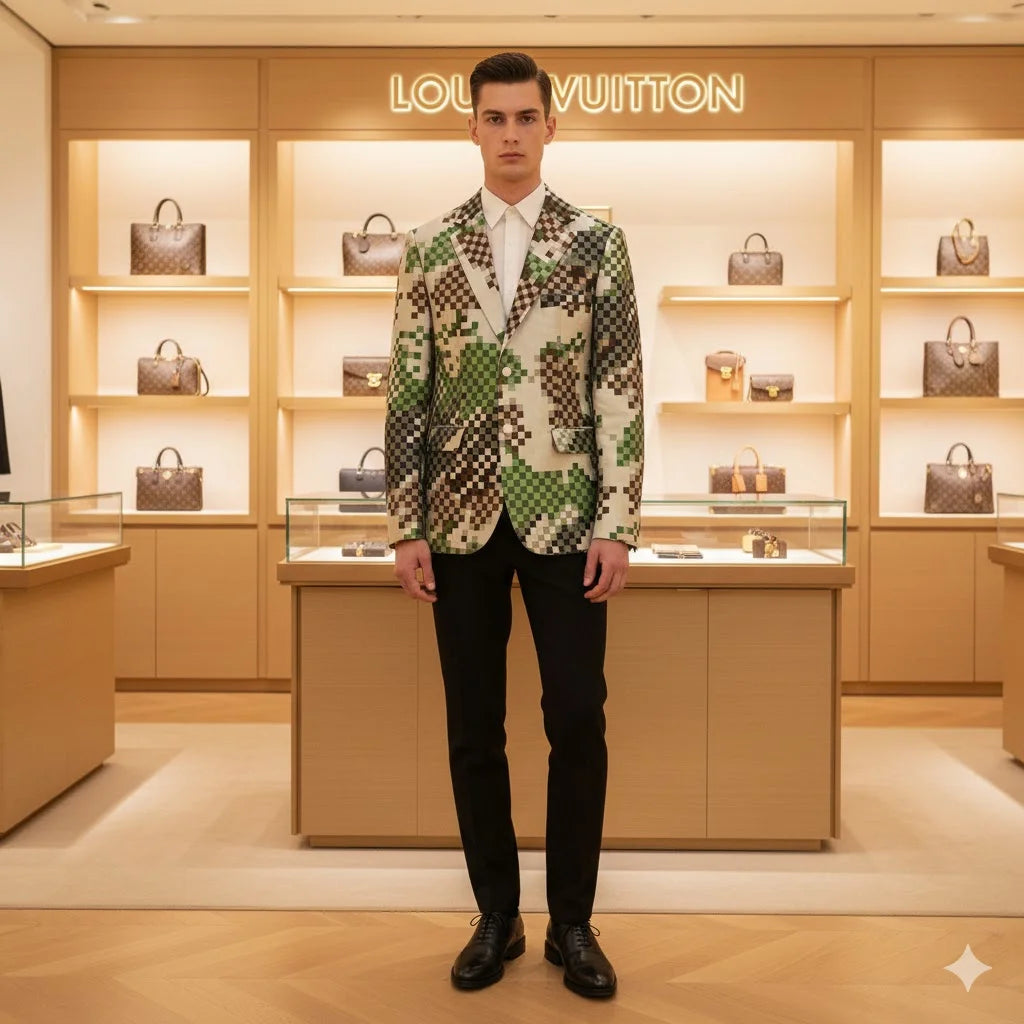 LOUIS VUITTON || Men’s Green and Earth-Tone Pixelated Damier Pattern Blazer