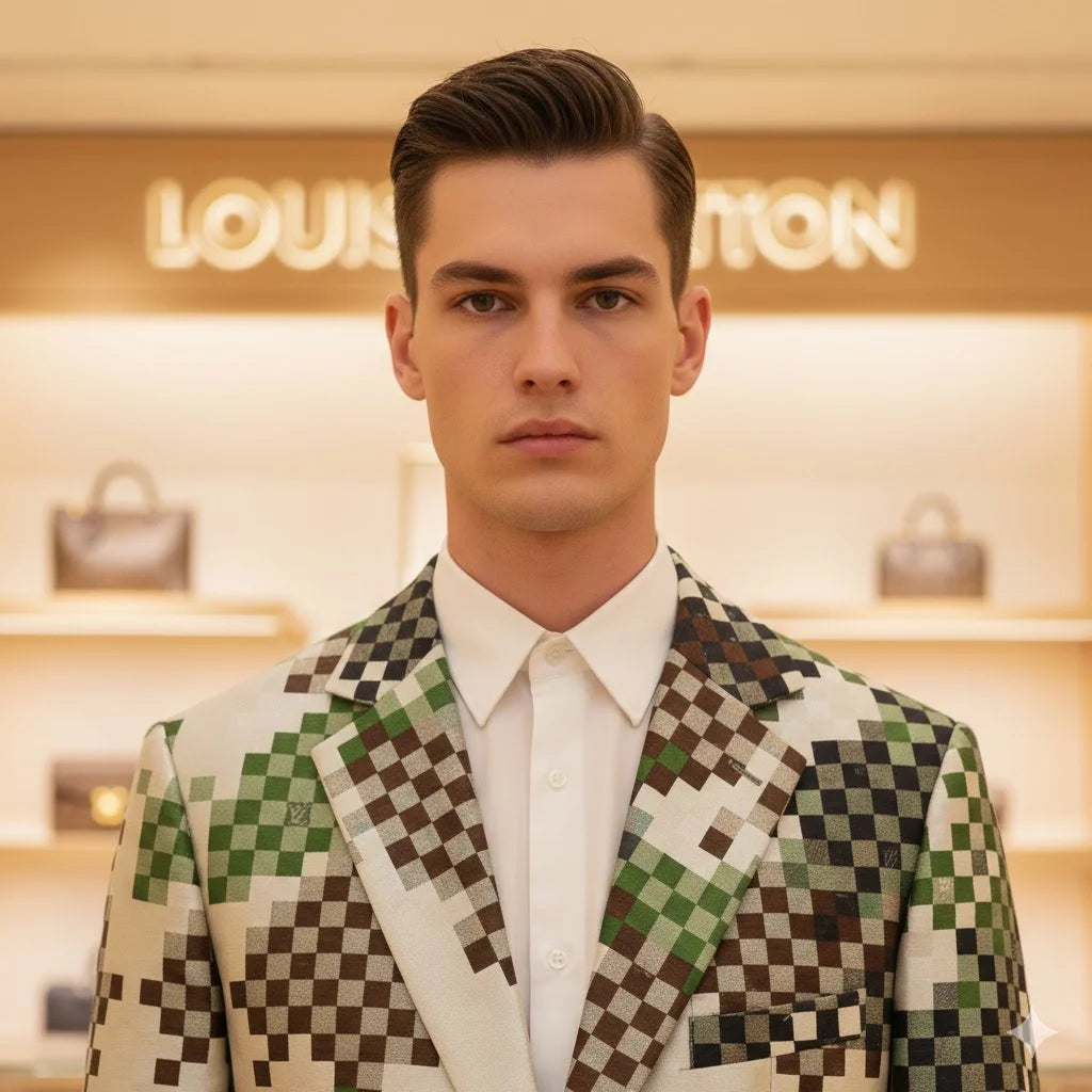 LOUIS VUITTON || Men’s Green and Earth-Tone Pixelated Damier Pattern Blazer