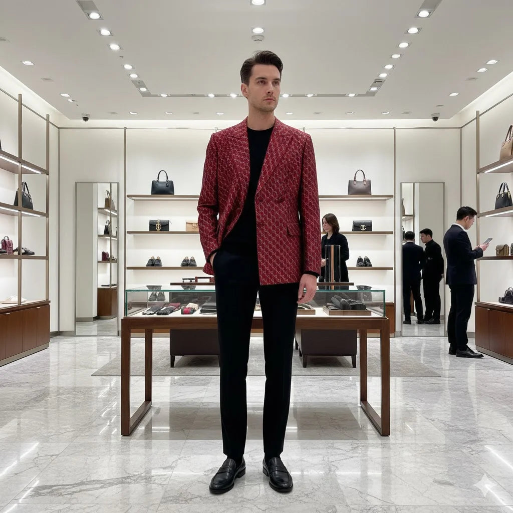 GUCCI || Men’s Red & Black GG Supreme Monogram Blazer Jacket