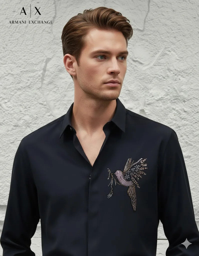 ARM*NI EXCH*NGE || A|X Crystal-Embellished Bird Motif Button-Down Shirt