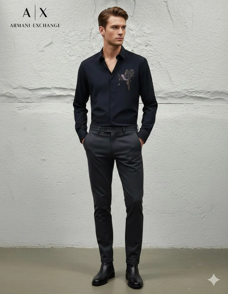 ARM*NI EXCH*NGE || A|X Crystal-Embellished Bird Motif Button-Down Shirt