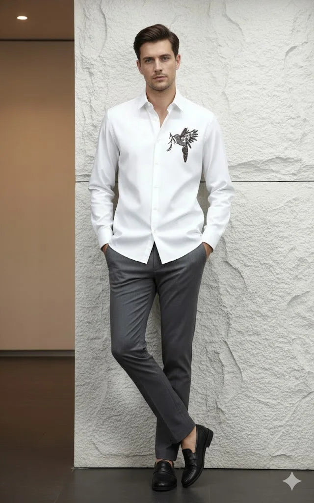 ARM*NI EXCH*NGE || A|X Crystal-Embellished Bird Motif Button-Down Shirt