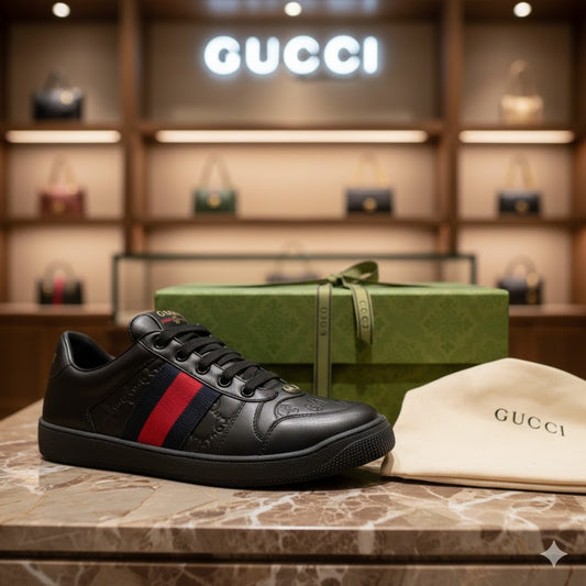 GUCCI || Mac80 Leather and Mesh Sneakers with Interlocking G Motif - FASHION MYST