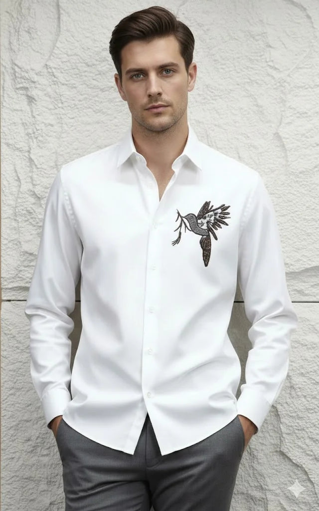 ARM*NI EXCH*NGE || A|X Crystal-Embellished Bird Motif Button-Down Shirt