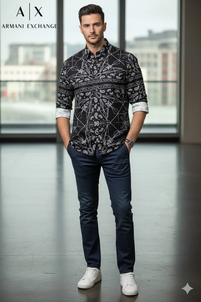 ARM*NI EXCH*NGE || Men's Bandana Geometric Print Long-Sleeve Shirt