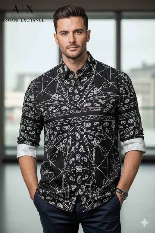ARM*NI EXCH*NGE || Men's Bandana Geometric Print Long-Sleeve Shirt