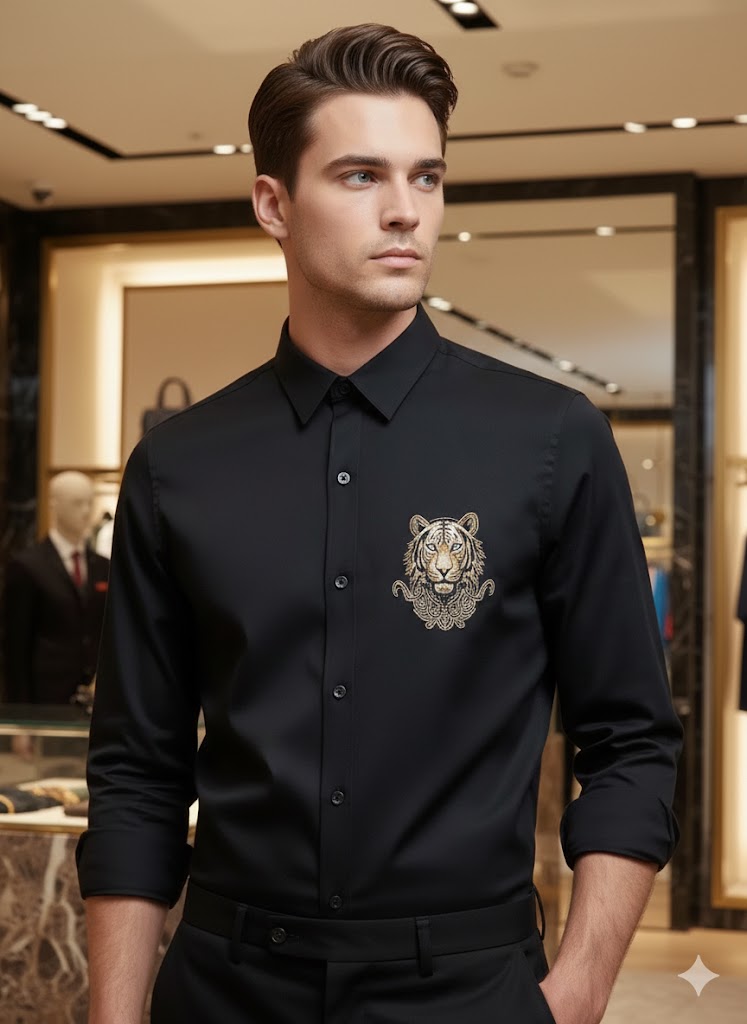 GUCCI || Men’s Embroidered Tiger Head Cotton Poplin Shirt
